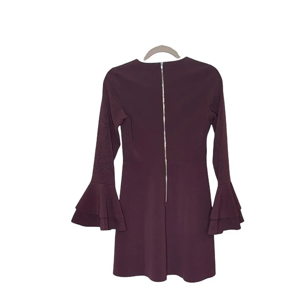 PARKER Orlando Laser Cut Bell Ruffle long Sleeve Dress Raisin Sheath Red 0 New - Picture 8 of 14